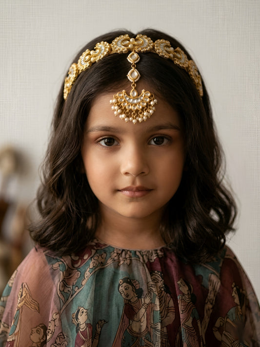 Choko Pearl Embellished Hair Band & Maang Tikka Set for Girls Gold Traditional Accessory