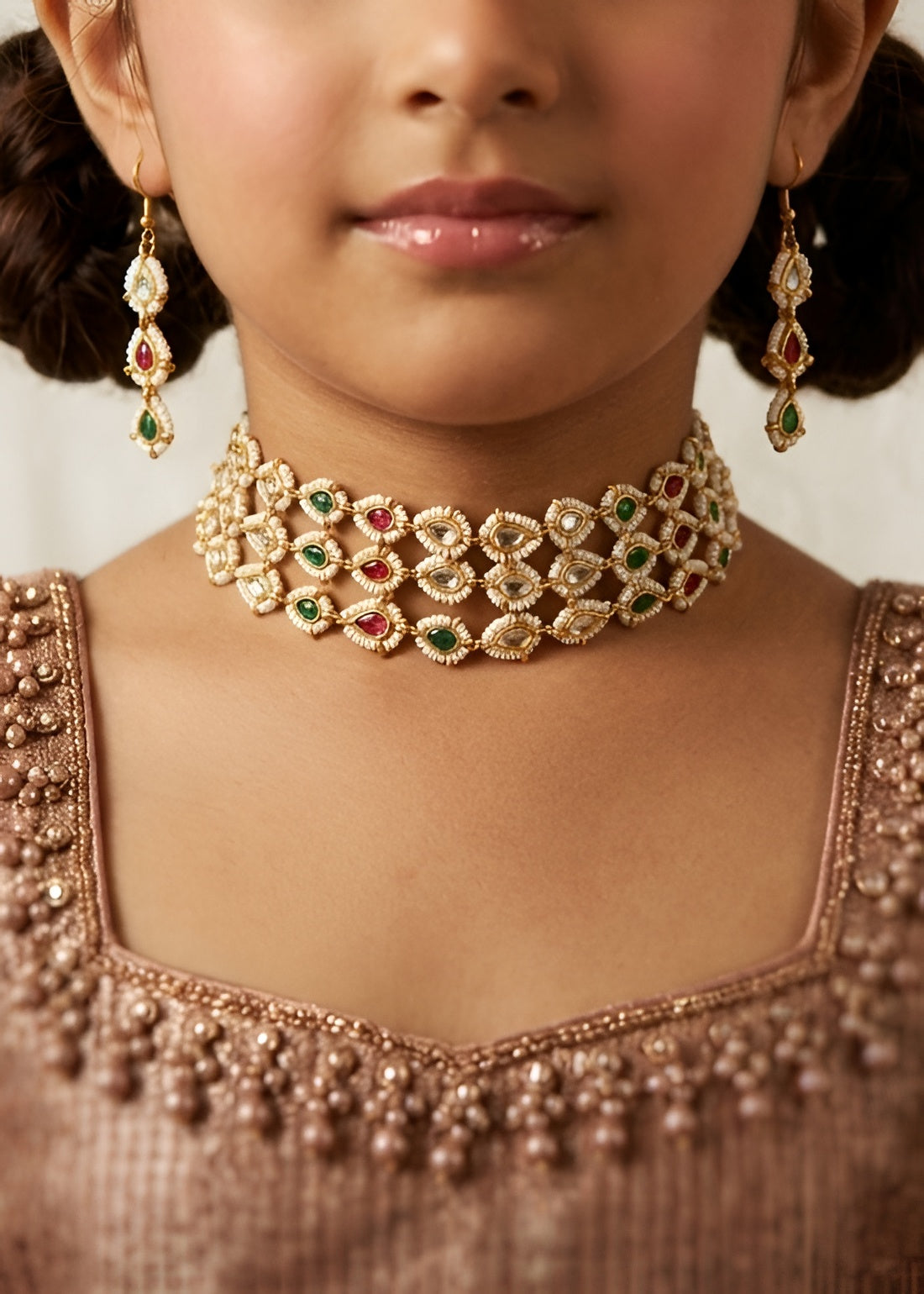 Choko Girls Multicolor Kundan Pearl Necklace Earrings Set Ethnic Accessory - Gold, White, Green