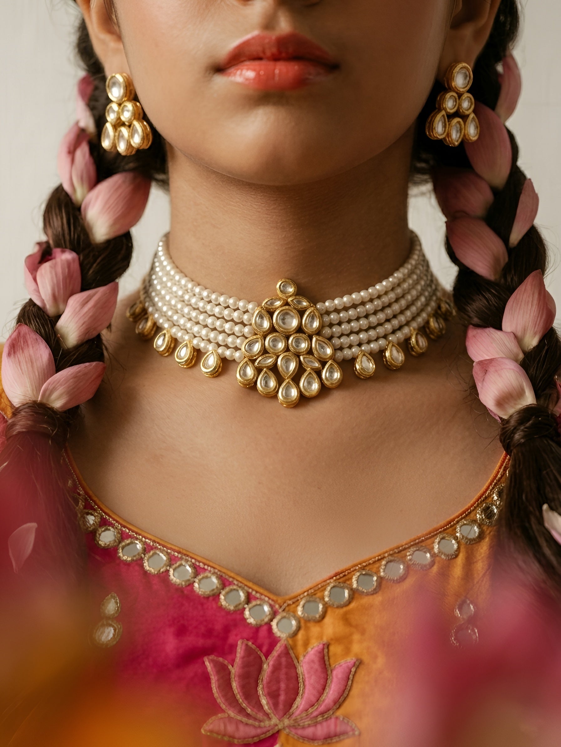 Choko Girls Gold Tone White Pearl Kundan Necklace Earrings Set Ethnic Accessory