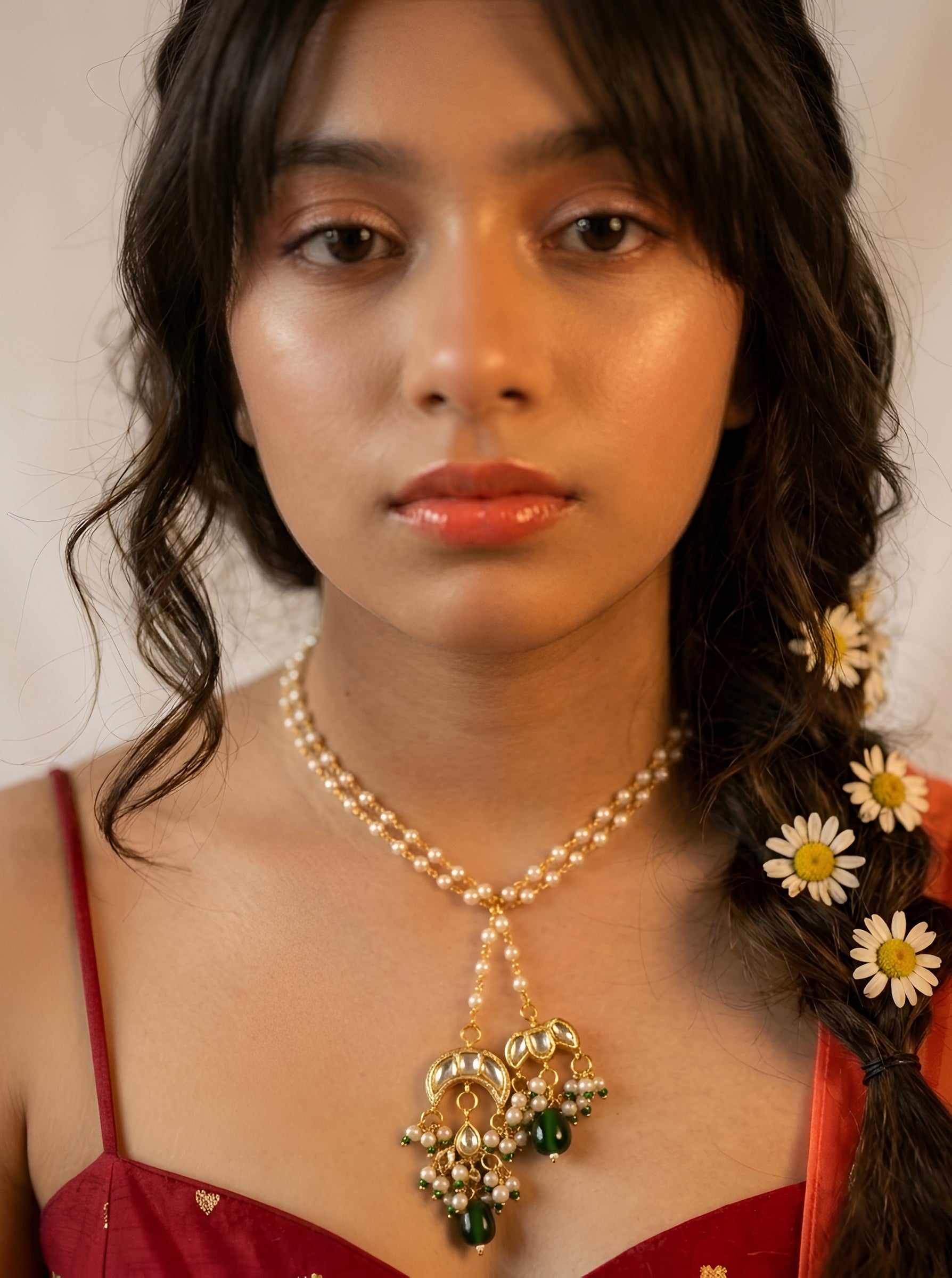 Choko Girls Pearl Beaded Green Pendant Gold Plated Ethnic Statement Necklace