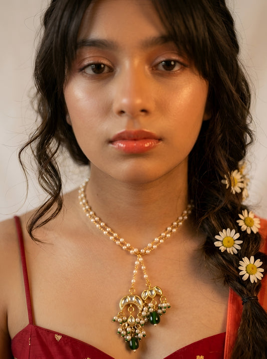 Choko Girls Pearl Beaded Green Pendant Gold Plated Ethnic Statement Necklace