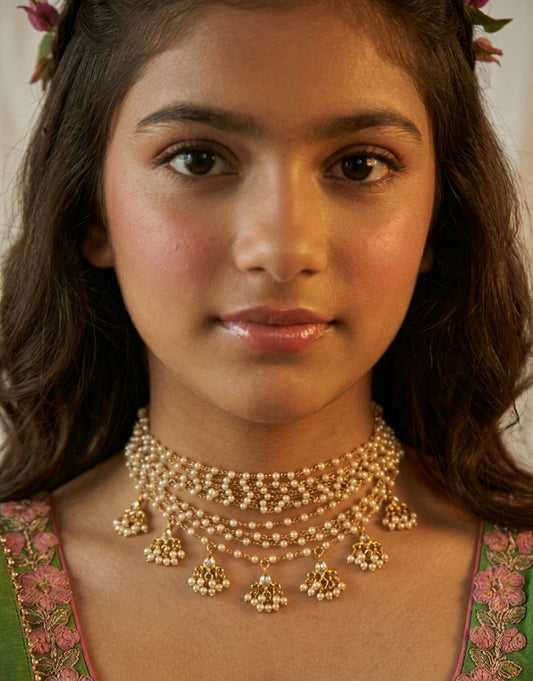 Choko Girls Pearl Beaded Multi Strand Gold Plated Traditional Choker Jewellery Accessory