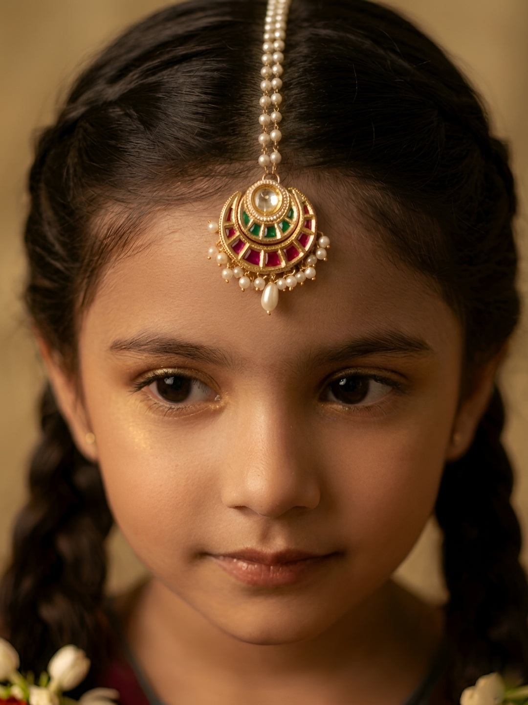 Choko Gold Plated Pearl Stone Circular Maang Tikka for Girls - Festive Hair Accessory