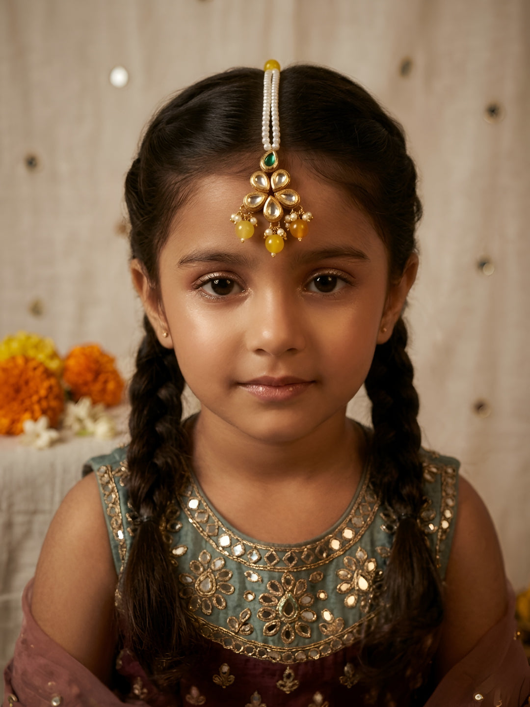 Choko Gold Plated Floral Pearl Maang Tikka for Girls - Ethnic Festive Hair Accessory