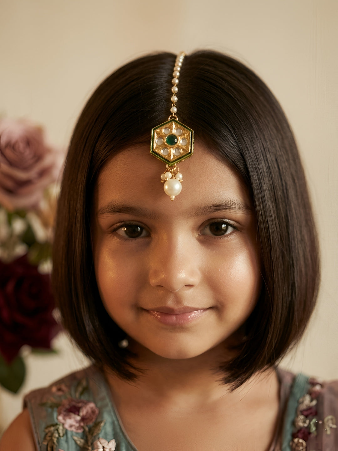 Choko Gold Plated Green Stone Pearl Detailed Maang Tikka for Girls - Ethnic Hair Accessory