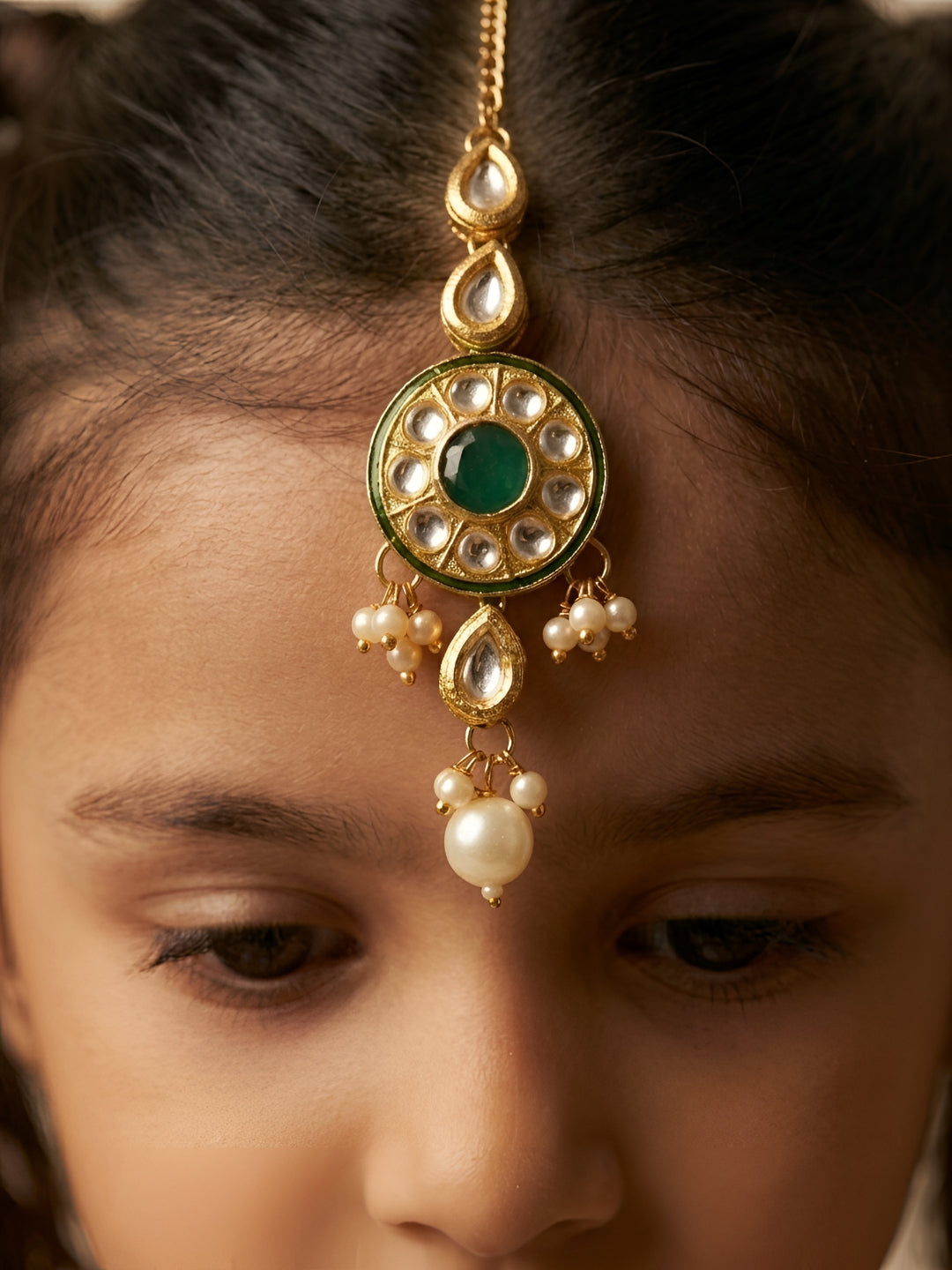 Choko Gold Plated Green Kundan Pearl Traditional Maang Tikka for Girls - Festive Hair Accessory