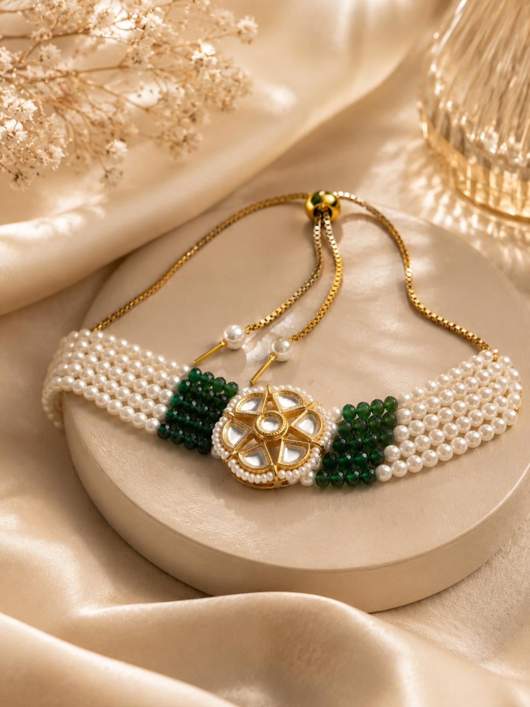 Choko Gold Plated Pearl & Green Beaded Floral Design Bracelet for Girls - Ethnic Accessory