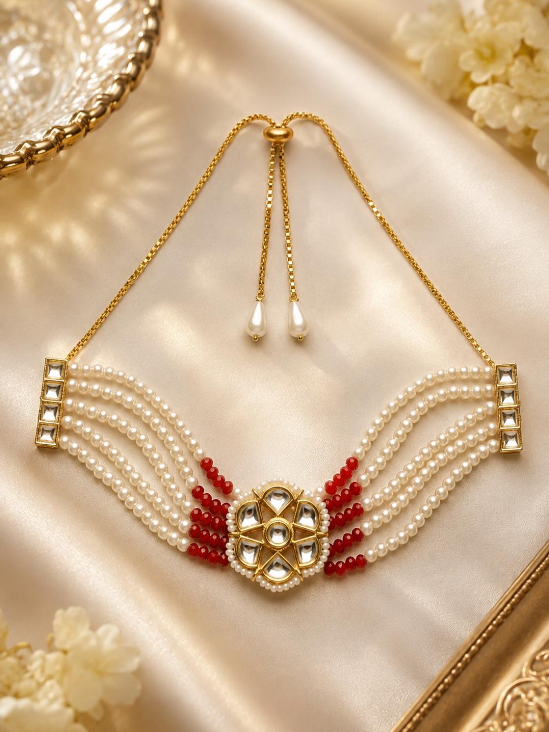 Choko Gold Plated Pearl & Red Beaded Multi Strand Bracelet for Girls - Ethnic Accessory