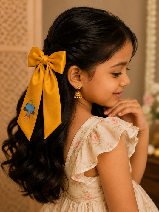 Cute Krishna Printed Bowie Hair Clip for Girls & Kids - Mustard - Choko
