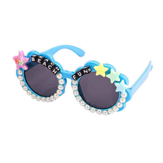 Choko Round Sunglasses with Pearls for Girls - 1 Pc Stylish Kids Accessory with Star & Pearl Charms - Blue, Multicolor, Pink