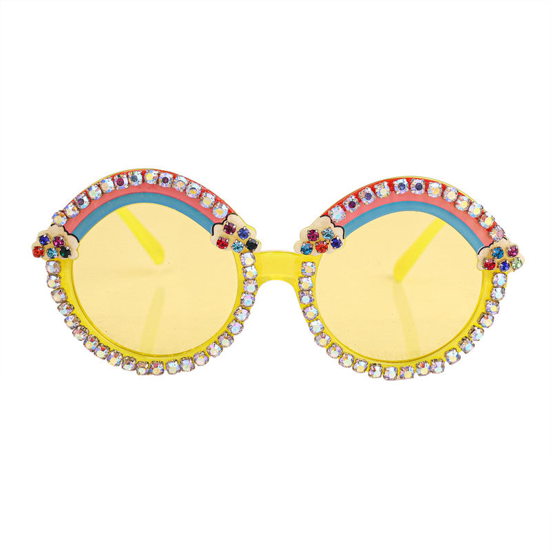 Choko Girls Round Sunglasses with Rainbow Crystals & Floral Accents - Yellow | Kids Accessory