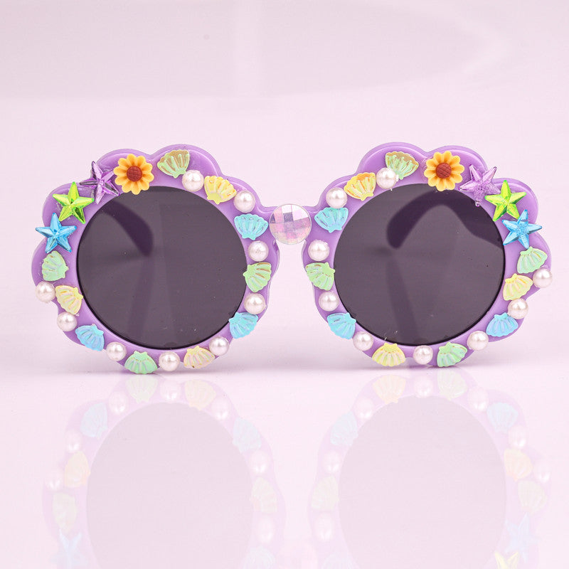Choko Round Sunglasses with Shell Charms & Pearl Detailing for Girls - Purple kids accessory