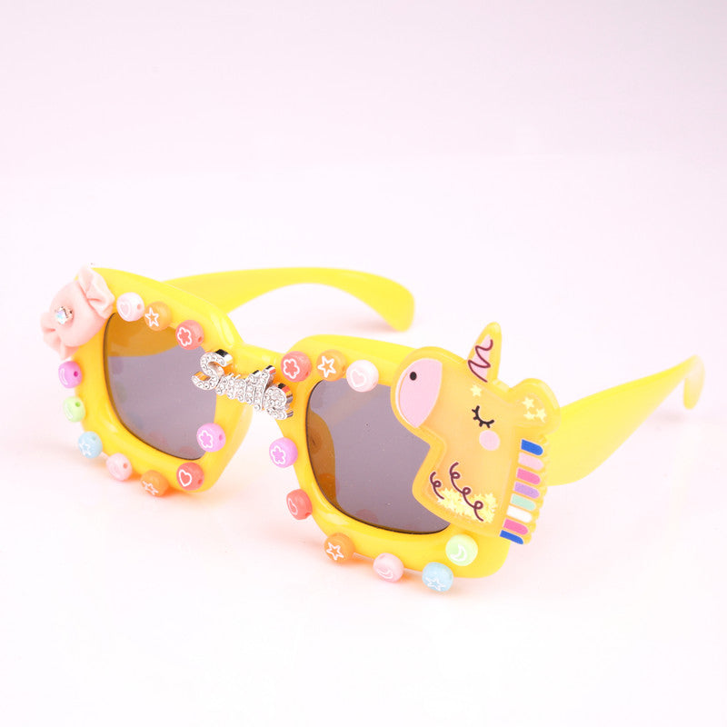 Choko Square Sunglasses with Unicorn Motif & Smile Charm for Girls - Yellow kids accessory