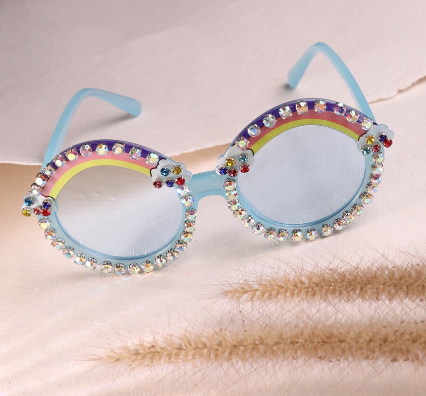 Choko Round Sunglasses with Rainbow Crystals & Cloud Charms for Girls - Blue kids accessory