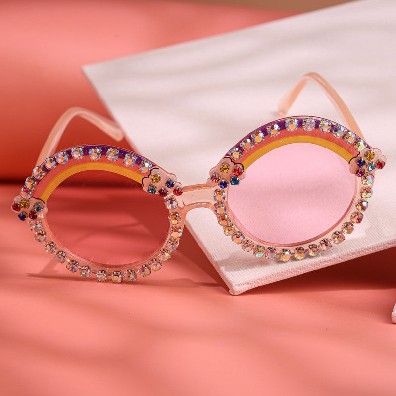 Choko Round Sunglasses with Rainbow Crystals & Cloud Charms for Girls - Pink kids accessory