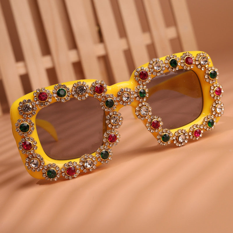 Choko bright yellow rhinestone studded square sunglasses with UV protected lenses for trendy kids