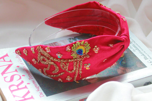 Krishna Hairband - Red & Gold Embroidery for Festive Flair