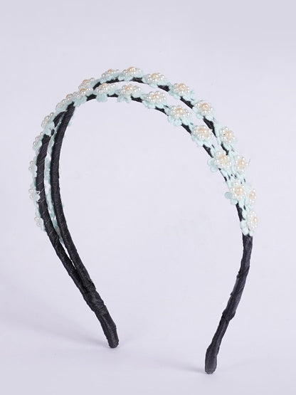 Dual Beaded Hairband with Delicate Lacy Flora - Blue, White, Black