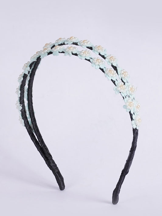 Dual Beaded Hairband with Delicate Lacy Flora - Blue, White, Black