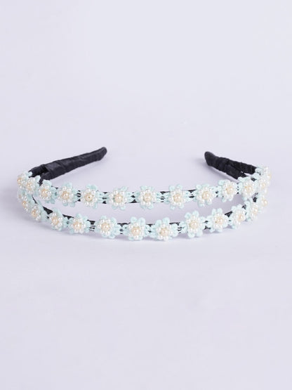 Dual Beaded Hairband with Delicate Lacy Flora - Blue, White, Black