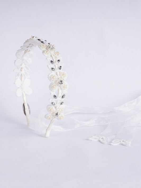 Floral Beads Accented White Lace Hairband - Tie Down