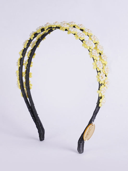 Dual Braided Embellished Lycra Hairband - Yellow, Green, White