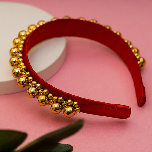 Queen's Glory Statement Pearl Hairband for Girls - Gold & Red Choko