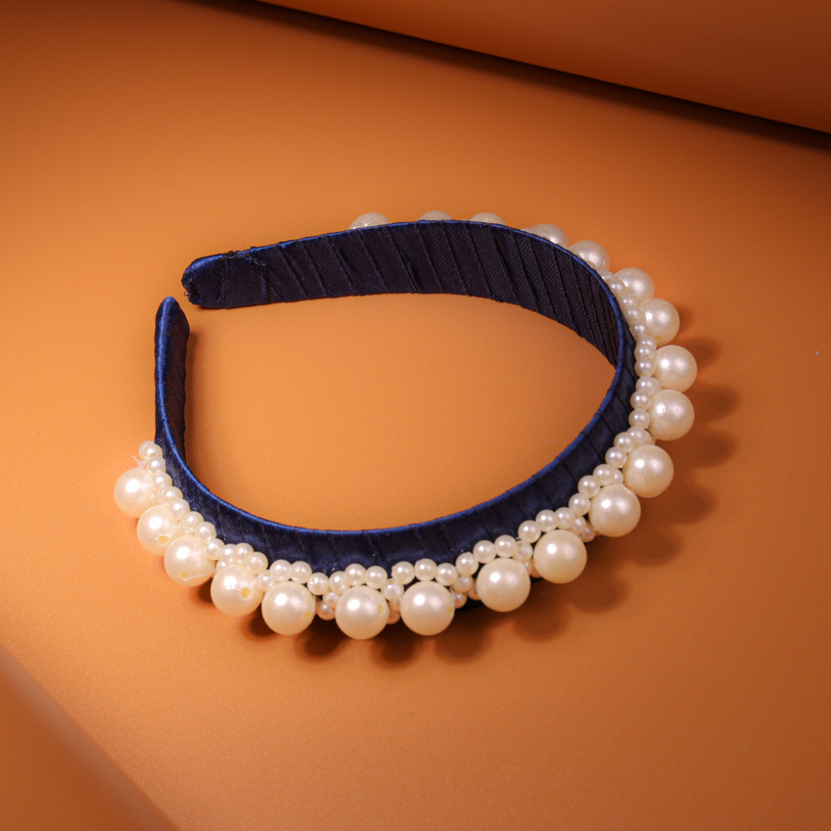 Choko Navy Satin Ribbon Hair Band Embellished with Double Rows of Pearls - Hair Accessory for Girls - Blue, White, Off White