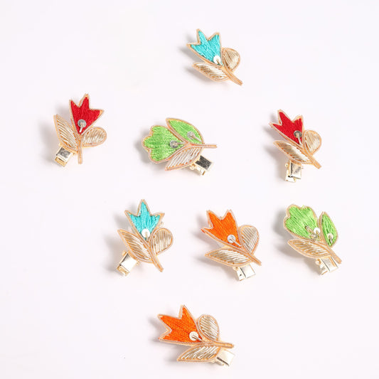 Choko 9- Pack Floral Leaf Embroidered Metal Hair Clips for Girls - Multicolor Party Accessories - Pink, Orange, Green