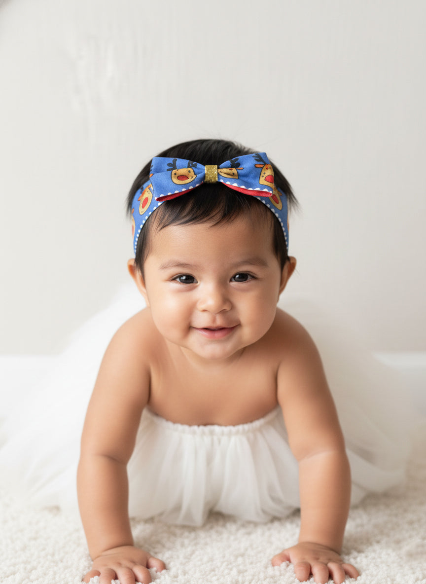 Choko Playful Reindeer Bow Headband for Baby Girls - Christmas Printed Hair Accessory for Kids, Blue