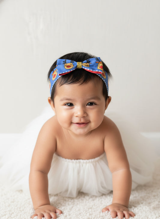 Choko Playful Reindeer Bow Headband for Baby Girls - Christmas Printed Hair Accessory for Kids, Blue