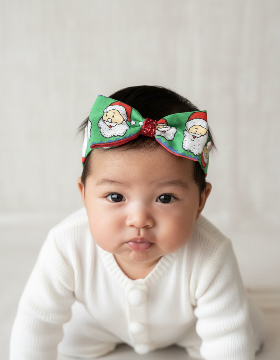 Choko Santa Bow Headband for Babies, Girls, Kids - Festive Printed Christmas Hair Accessory, Green