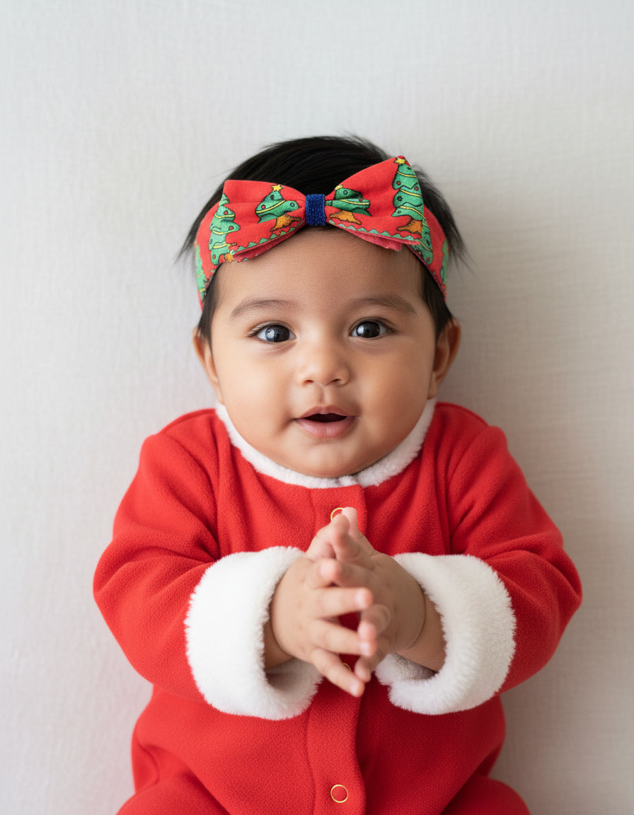 Choko Christmas Tree Bow Headband for Baby, Girls, Kids - Festive Printed Hair Accessory, Red