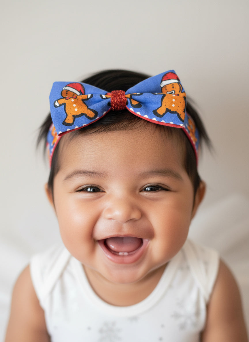 Choko Gingerbread Bow Headband for Baby, Girls - Festive Christmas Hair Accessory for Kids, Blue