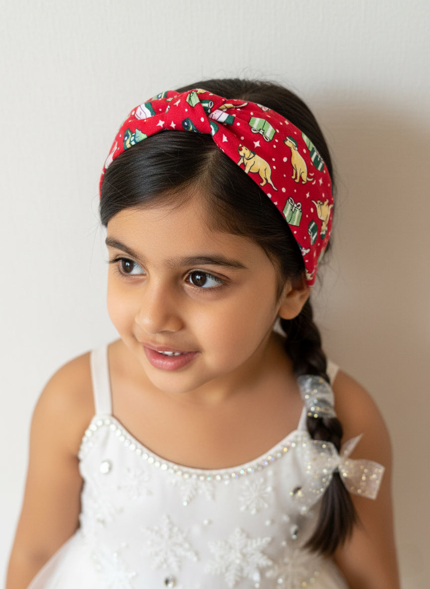 Choko Christmas Printed Turban Hair Band for Girls - Festive & Adorable Hair Accessory for Kids, Red