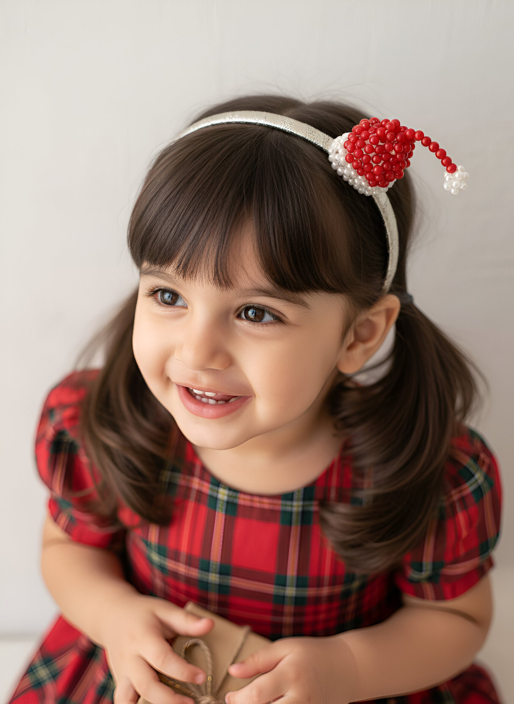 Choko Christmas Beaded Santa Cap Hair Band for Kids, Girls - Red, Silver, White | Festive Hair Accessory | Red & White