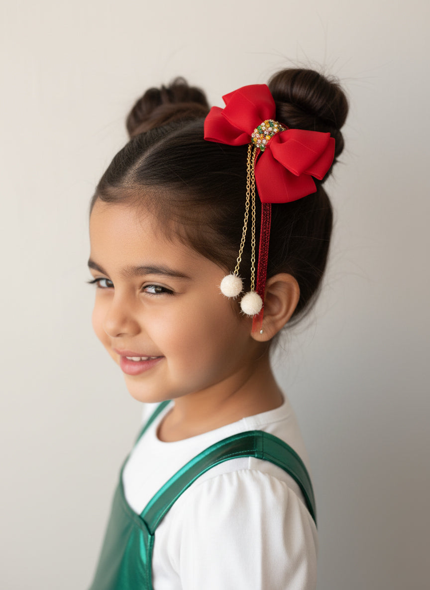 Choko Christmas Bow Hair Clip with Tassels for Kids, Girls - Red, Gold, White | Festive Jeweled Accessory | Santa Red