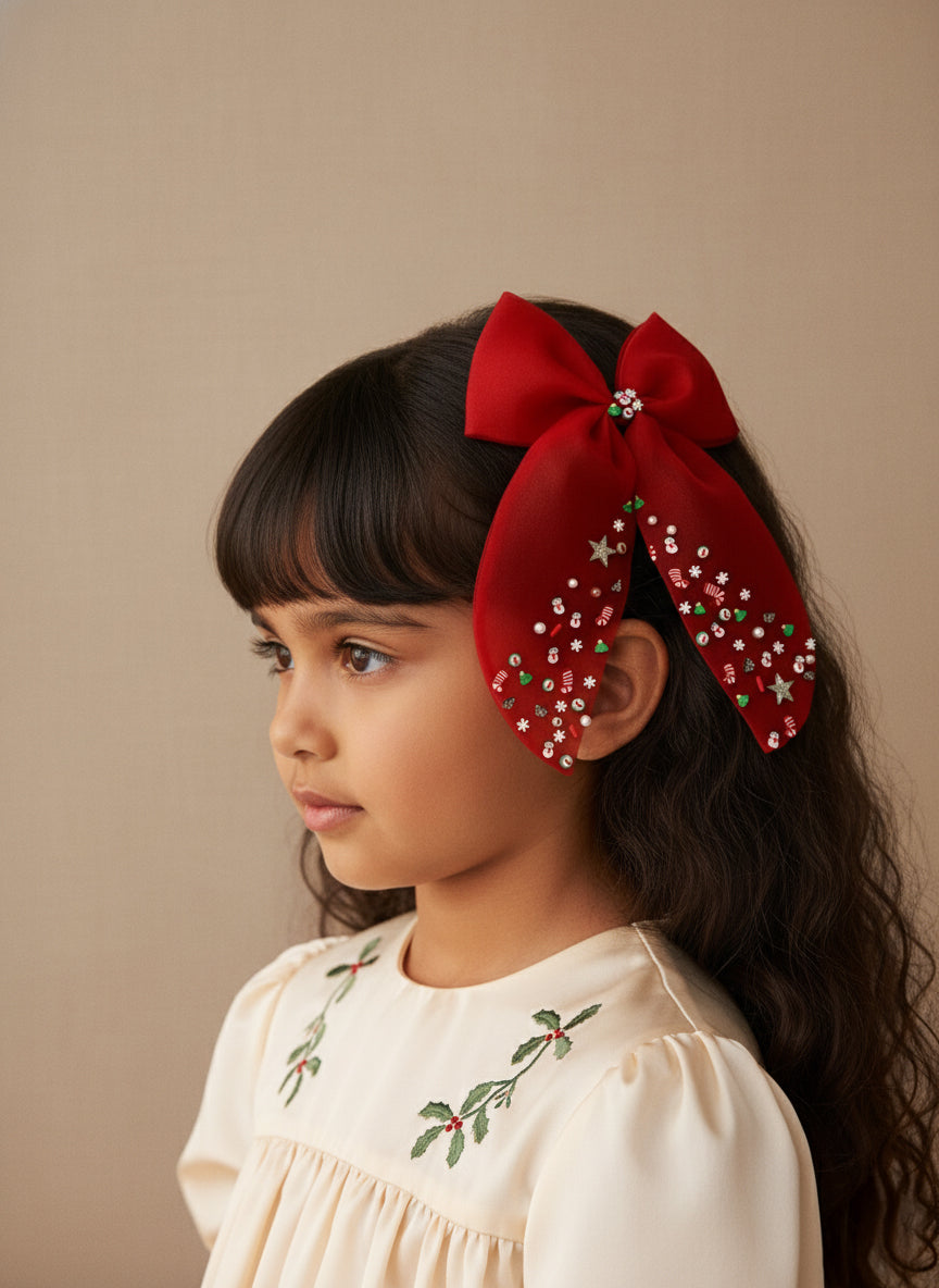 Choko Festive Christmas Sparkle Red Velvet Bow Clip for Girls - Holiday Party Accessory Gift