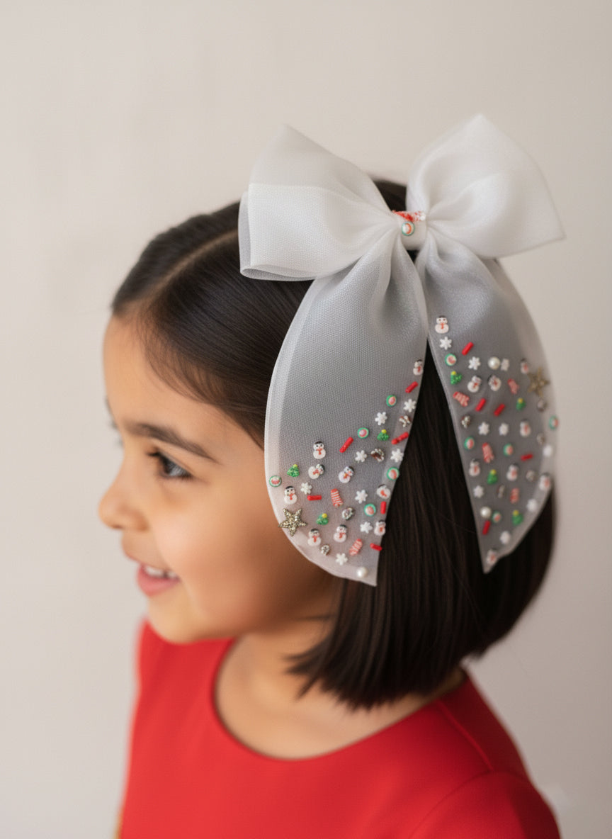 Choko Whimsical White Sheer Long- Tail Christmas Bow Clip - Festive Snowman Holiday Accent for Girls